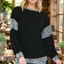 Medium BLACK SOLID TUNIC TOP WITH ANIMAL PRINT CONTRAST