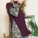 Small PLUM SOLID TUNIC TOP WITH CAMO SLEEVE CONTRAST