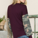 Medium PLUM SOLID TUNIC TOP WITH CAMO SLEEVE CONTRAST