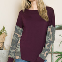 Large PLUM SOLID TUNIC TOP WITH CAMO SLEEVE CONTRAST