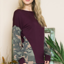 Large PLUM SOLID TUNIC TOP WITH CAMO SLEEVE CONTRAST