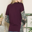 Large PLUM SOLID TUNIC TOP WITH CAMO SLEEVE CONTRAST