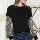 Small BLACK SOLID TUNIC TOP WITH CAMO SLEEVE CONTRAST