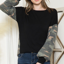 Large BLACK SOLID TUNIC TOP WITH CAMO SLEEVE CONTRAST