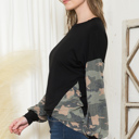 Large BLACK SOLID TUNIC TOP WITH CAMO SLEEVE CONTRAST