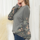 Small SAGE SOLID TUNIC TOP WITH CAMO SLEEVE CONTRAST
