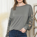 Medium SAGE SOLID TUNIC TOP WITH CAMO SLEEVE CONTRAST