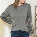 Large SAGE SOLID TUNIC TOP WITH CAMO SLEEVE CONTRAST