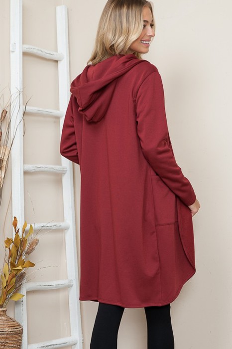 BRUSH HOODED OPEN CARDIGAN WITH SIDE POCKETS