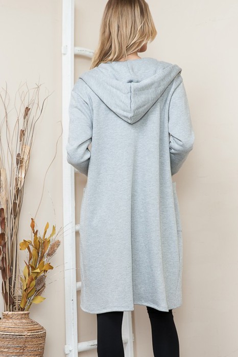 BRUSH HOODED OPEN CARDIGAN WITH SIDE POCKETS