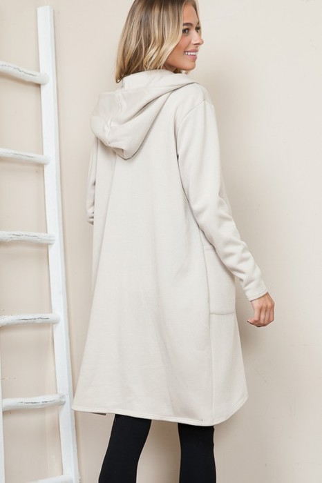 BRUSH HOODED OPEN CARDIGAN WITH SIDE POCKETS