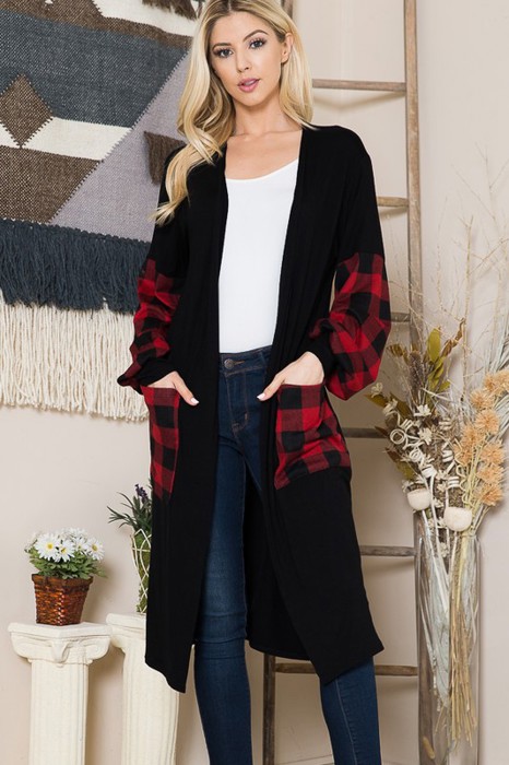 OPEN MIDI CARDIGAN WITH PLAID CONTRAST