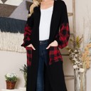 Medium BLACK OPEN MIDI CARDIGAN WITH PLAID CONTRAST