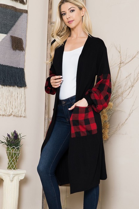 OPEN MIDI CARDIGAN WITH PLAID CONTRAST