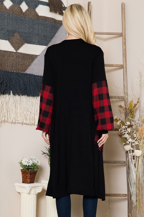 OPEN MIDI CARDIGAN WITH PLAID CONTRAST