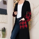 Large BLACK OPEN MIDI CARDIGAN WITH PLAID CONTRAST