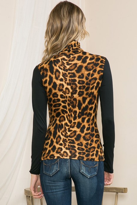 ANIMAL PRINT TURTLE NECK TOP WITH CONTRAST SLEEVES