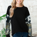 Medium BLACK SOLID TUNIC TOP TIE-DYE AND CAMO CONTRAST SLEEVES