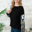 Medium BLACK SOLID TUNIC TOP TIE-DYE AND CAMO CONTRAST SLEEVES
