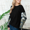 Large BLACK SOLID TUNIC TOP TIE-DYE AND CAMO CONTRAST SLEEVES