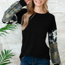 XL BLACK SOLID TUNIC TOP TIE-DYE AND CAMO CONTRAST SLEEVES