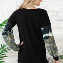 XL BLACK SOLID TUNIC TOP TIE-DYE AND CAMO CONTRAST SLEEVES