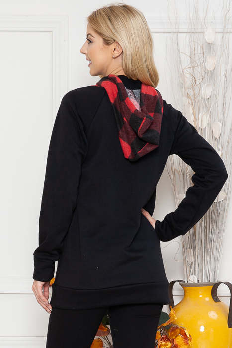 SOLID TUNIC TOP WITH TIE-DYE AND CAMO CONTRAST SLEEVES 95%RAYON 5%SPANDEX MADE IN USA
