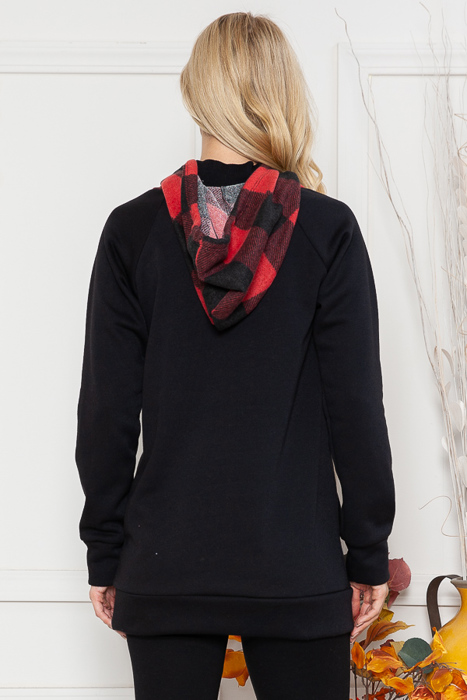 SOLID TUNIC TOP WITH TIE-DYE AND CAMO CONTRAST SLEEVES 95%RAYON 5%SPANDEX MADE IN USA