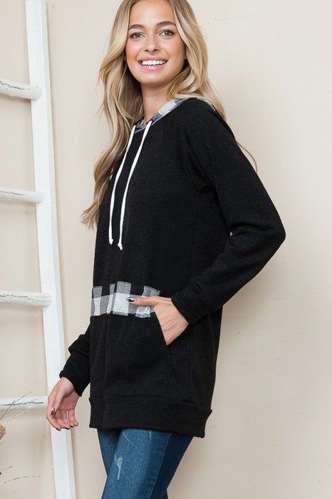 SOLID TUNIC TOP WITH TIE-DYE AND CAMO CONTRAST SLEEVES 95%RAYON 5%SPANDEX MADE IN USA