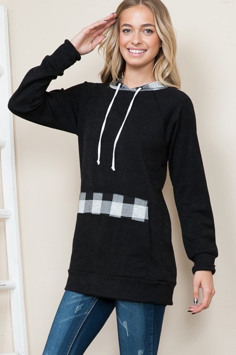 SOLID TUNIC TOP WITH TIE-DYE AND CAMO CONTRAST SLEEVES 95%RAYON 5%SPANDEX MADE IN USA