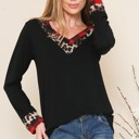 Medium BLACK V-NECK TUNIC WITH LEOPARD PLAID CONTRAST DETAIL