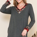 XL CHARCOAL V-NECK TUNIC WITH LEOPARD PLAID CONTRAST DETAIL