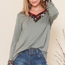 XL SAGE V-NECK TUNIC WITH LEOPARD PLAID CONTRAST DETAIL