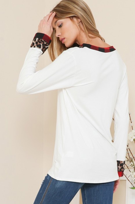 V-NECK TUNIC WITH LEOPARD PLAID CONTRAST DETAIL