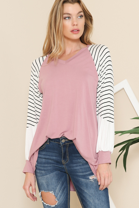V-NECK BASEBALL TUNIC WITH STRIPE SLEEVES