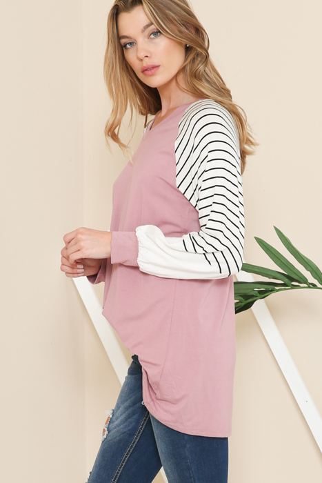 V-NECK BASEBALL TUNIC WITH STRIPE SLEEVES