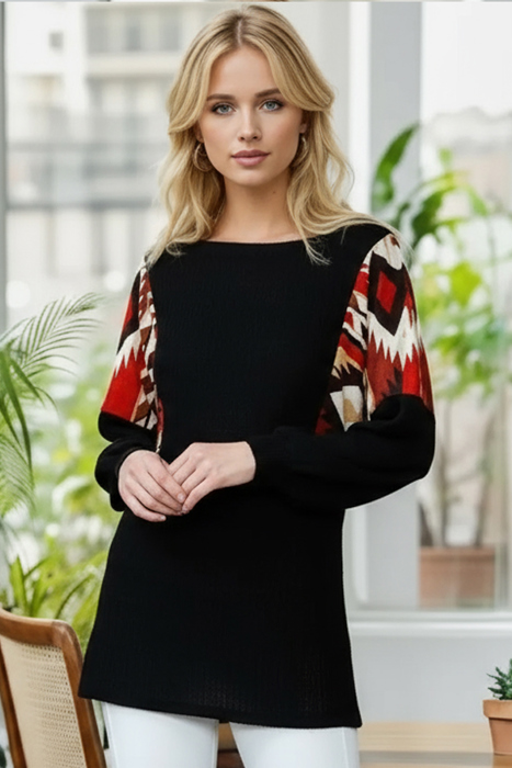 SOLID WAFFLE TUNIC TOP WITH AZTEC CONTRAST