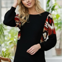 Small BLACK SOLID WAFFLE TUNIC TOP WITH AZTEC CONTRAST