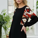 Medium BLACK SOLID WAFFLE TUNIC TOP WITH AZTEC CONTRAST