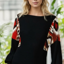 Large BLACK SOLID WAFFLE TUNIC TOP WITH AZTEC CONTRAST