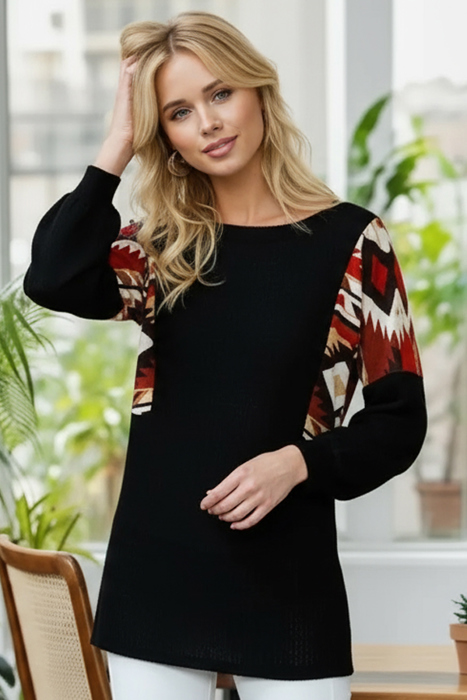 SOLID WAFFLE TUNIC TOP WITH AZTEC CONTRAST