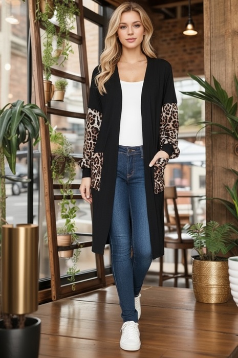 MIDI OPEN CARDIGAN WITH LEOPARD CONTRAST DETAIL