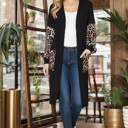 Medium BLACK MIDI OPEN CARDIGAN WITH LEOPARD CONTRAST DETAIL