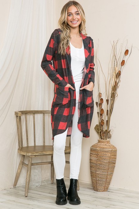 PLAID HOODED OPEN MIDI CARDIGAN