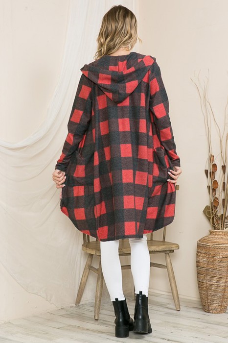 PLAID HOODED OPEN MIDI CARDIGAN