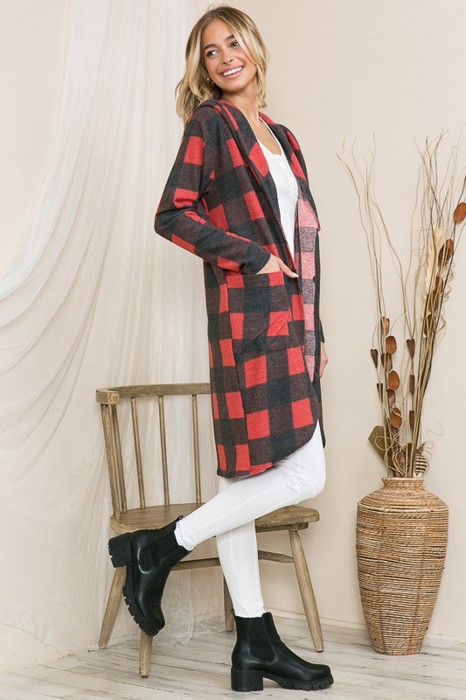PLAID HOODED OPEN MIDI CARDIGAN