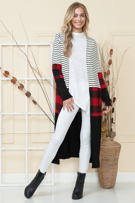 MAXI STRIPE AND PLAID COLOR BLOCK OPEN CARDIGAN