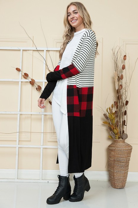 MAXI STRIPE AND PLAID COLOR BLOCK OPEN CARDIGAN