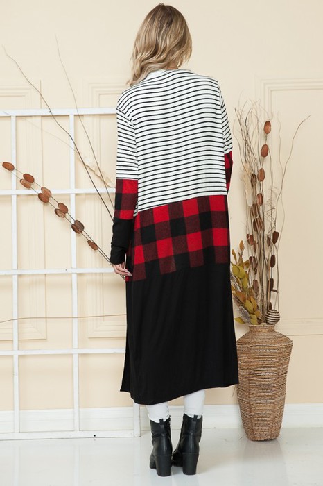 MAXI STRIPE AND PLAID COLOR BLOCK OPEN CARDIGAN