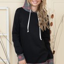 Small BLACK BRUSH HOODED SOLID TUNIC TOP WITH PLAID CONTRAST 